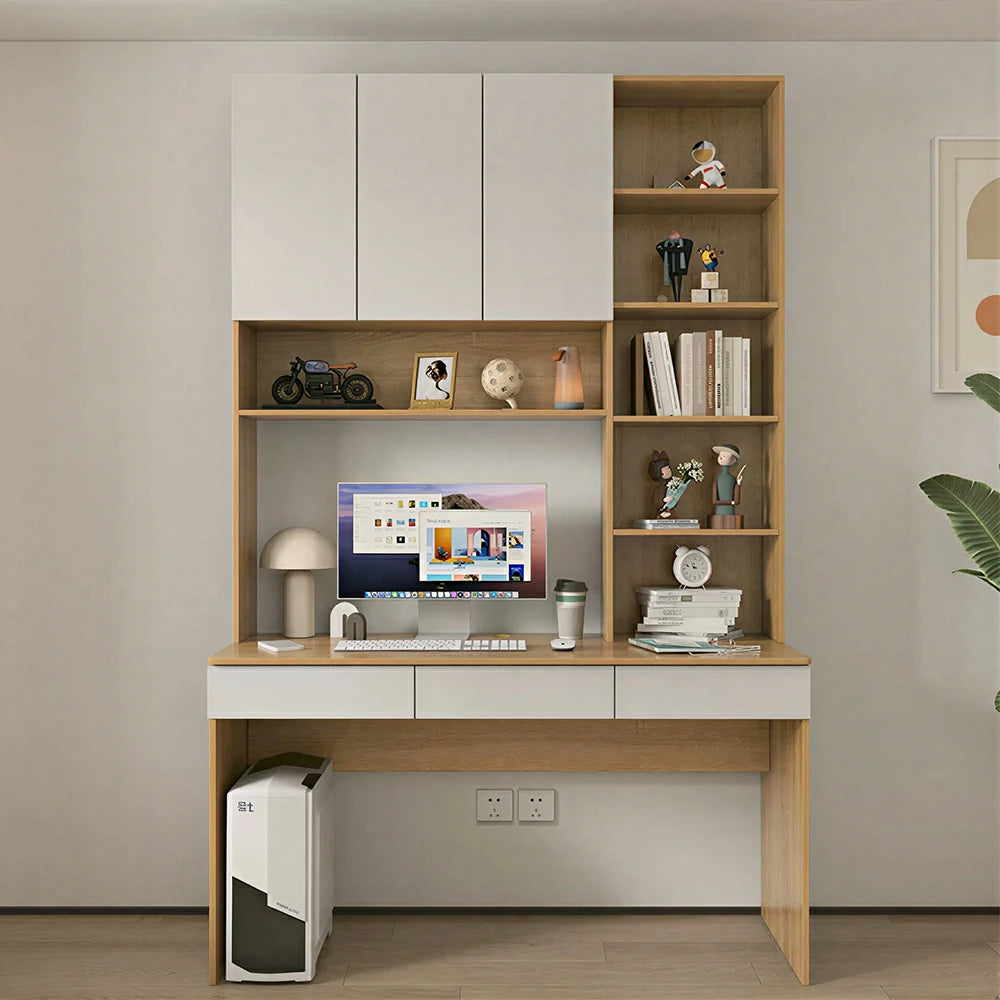 LIVARA B Style Desk with Right Bookshelf Storage Cabinet & Drawers for Home Office - Oak White