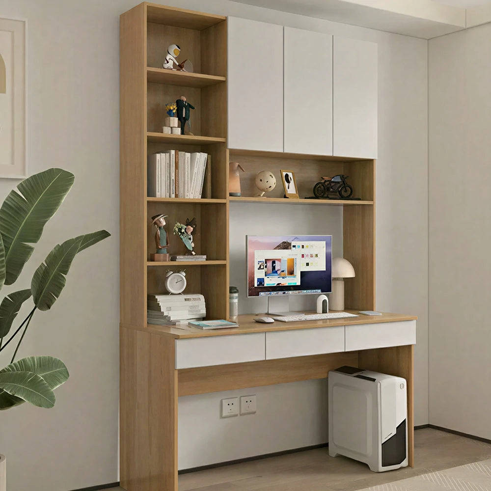 LIVARA B Style Desk with Right Bookshelf Storage Cabinet & Drawers for Home Office - Oak White
