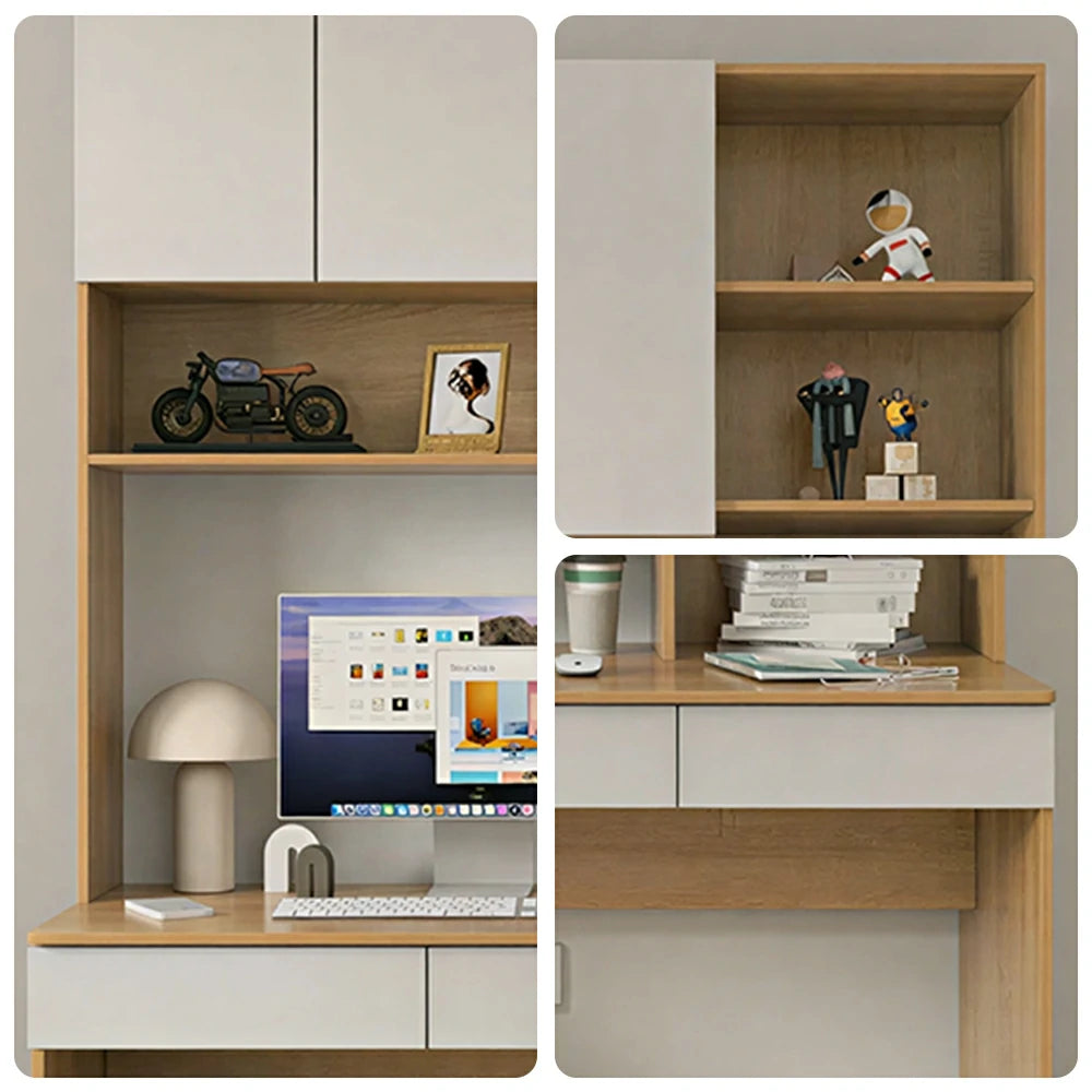 LIVARA B Style Desk with Right Bookshelf Storage Cabinet & Drawers for Home Office - Oak White