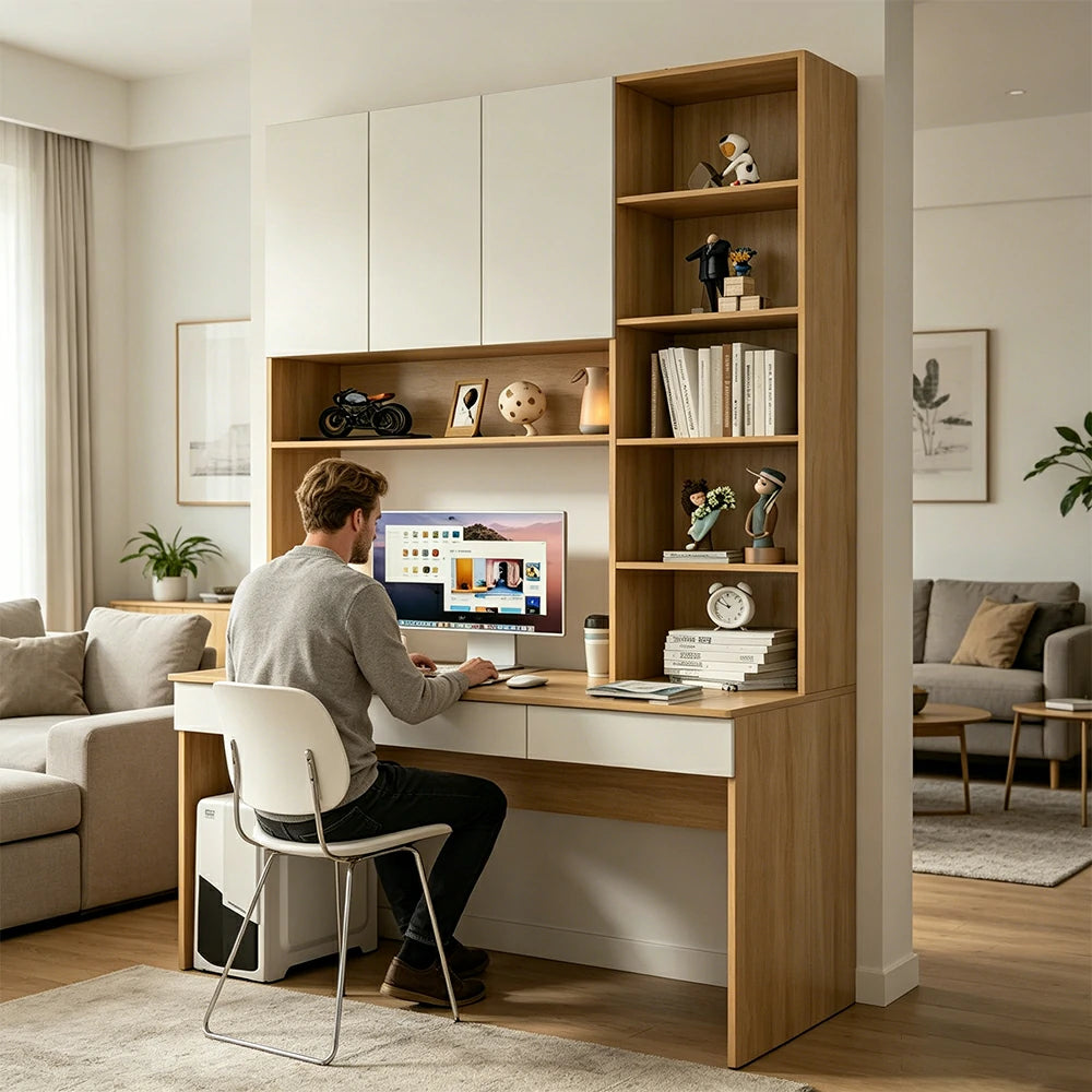 LIVARA B Style Desk with Right Bookshelf Storage Cabinet & Drawers for Home Office - Oak White
