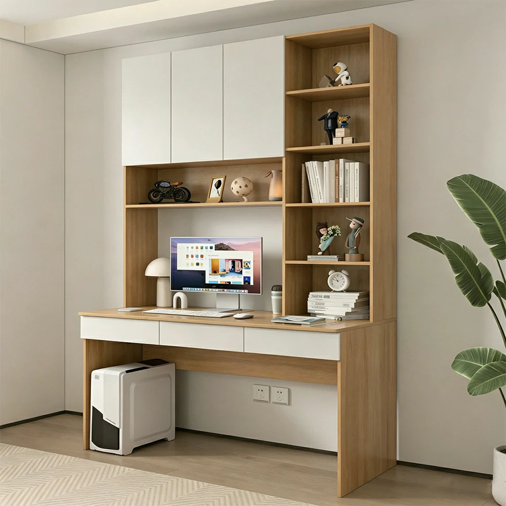 LIVARA B Style Desk with Right Bookshelf Storage Cabinet & Drawers for Home Office - Oak White