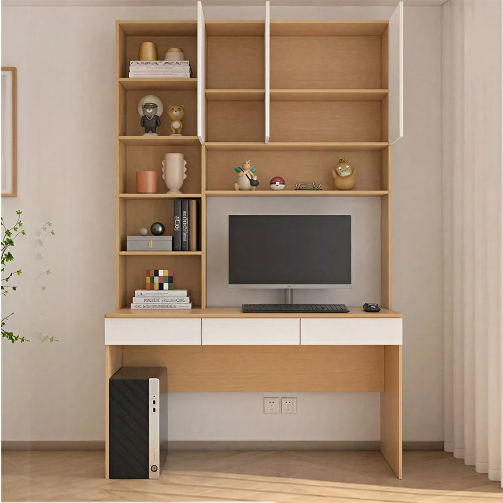 LIVARA B Style Desk with Right Bookshelf Storage Cabinet & Drawers for Home Office - Oak White