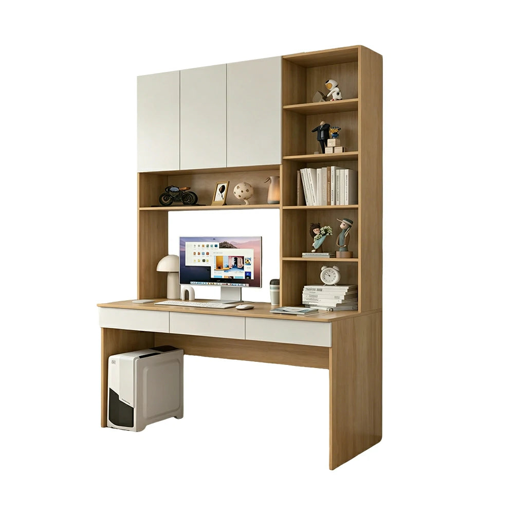 LIVARA B Style Desk with Right Bookshelf Storage Cabinet & Drawers for Home Office - Oak White