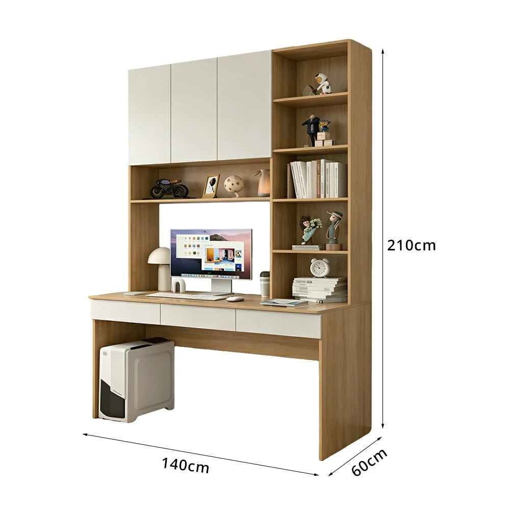 LIVARA B Style Desk with Right Bookshelf Storage Cabinet & Drawers for Home Office - Oak White