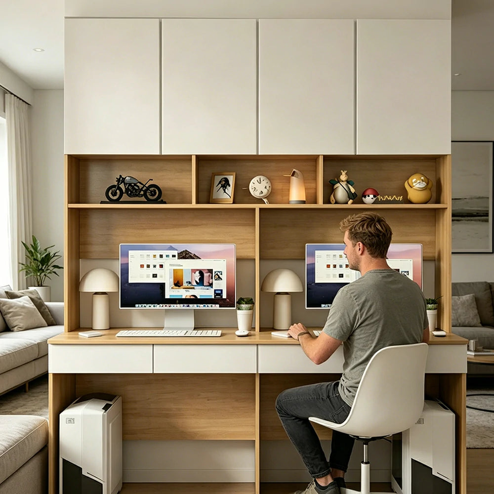LUXORA D Style Desk with Right Bookshelf Storage Cabinet & Drawers for Home Office - Oak White