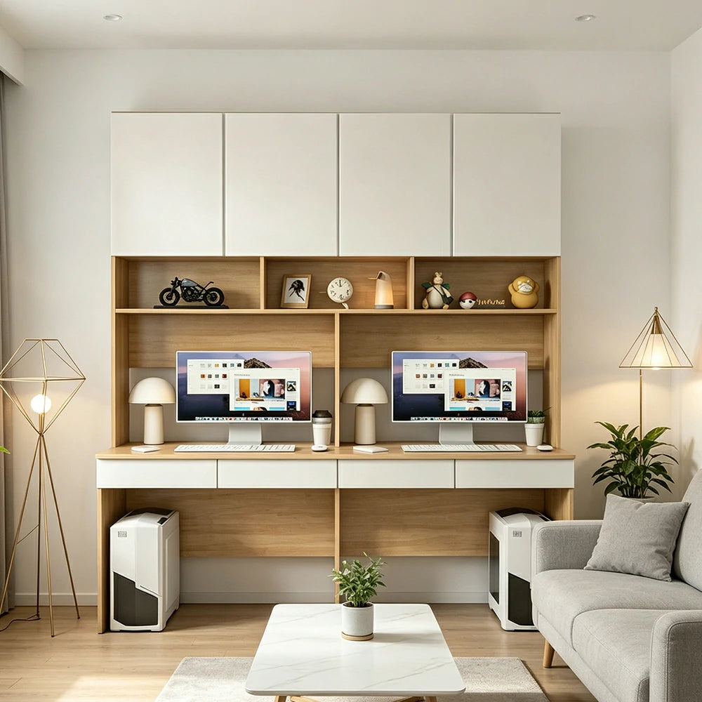LUXORA D Style Desk with Right Bookshelf Storage Cabinet & Drawers for Home Office - Oak White