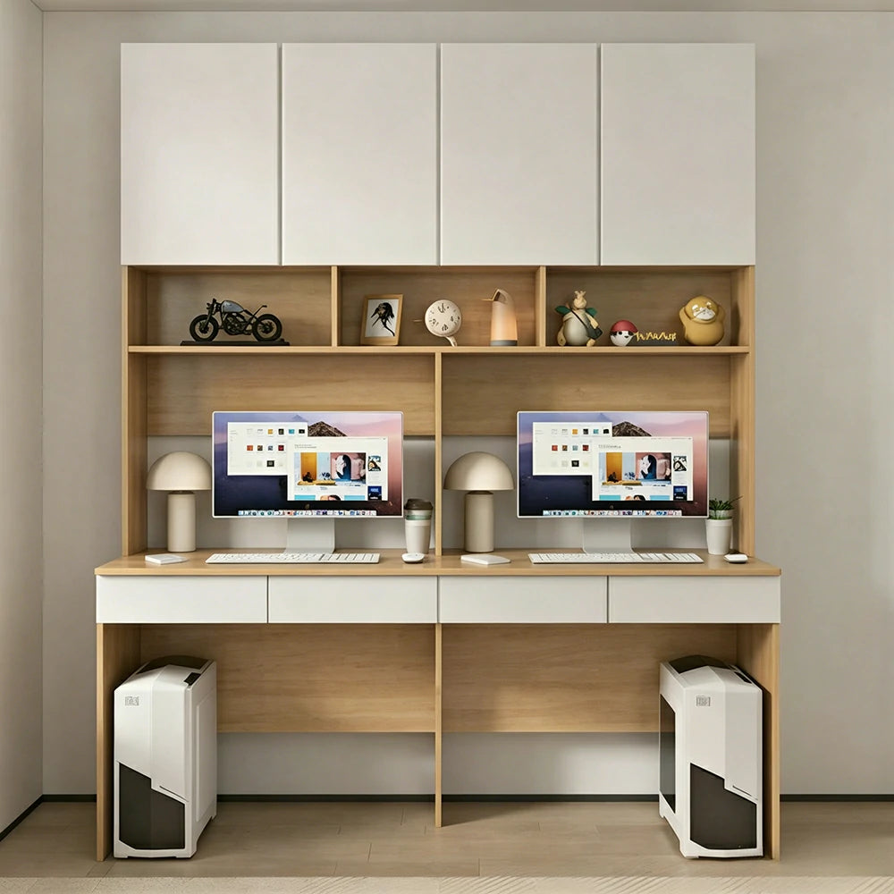 LUXORA D Style Desk with Right Bookshelf Storage Cabinet & Drawers for Home Office - Oak White