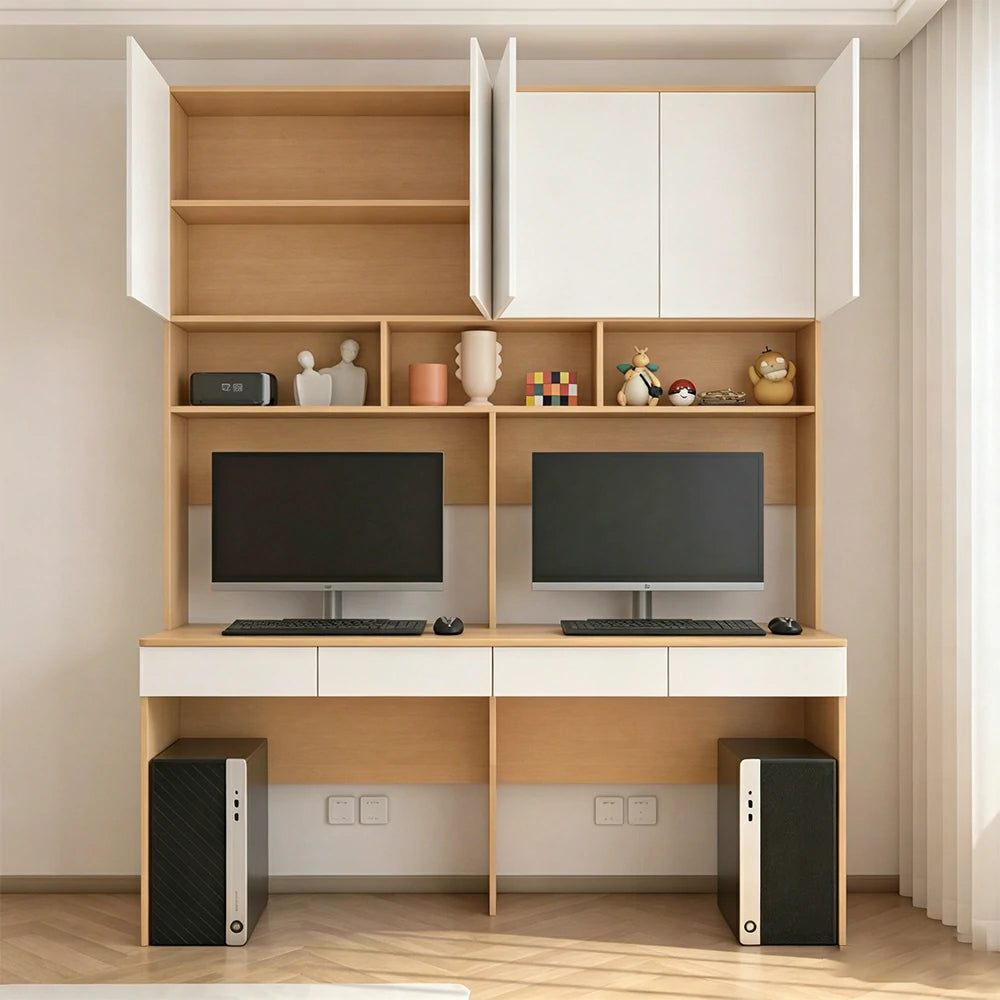 LUXORA D Style Desk with Right Bookshelf Storage Cabinet & Drawers for Home Office - Oak White