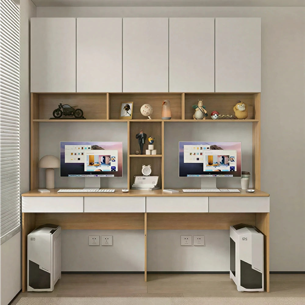 LUXORA F Style Desk with Right Bookshelf Storage Cabinet & Drawers for Home Office - Oak White