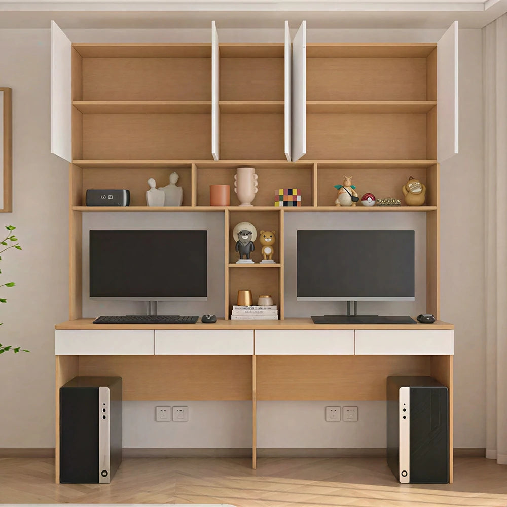 LUXORA F Style Desk with Right Bookshelf Storage Cabinet & Drawers for Home Office - Oak White