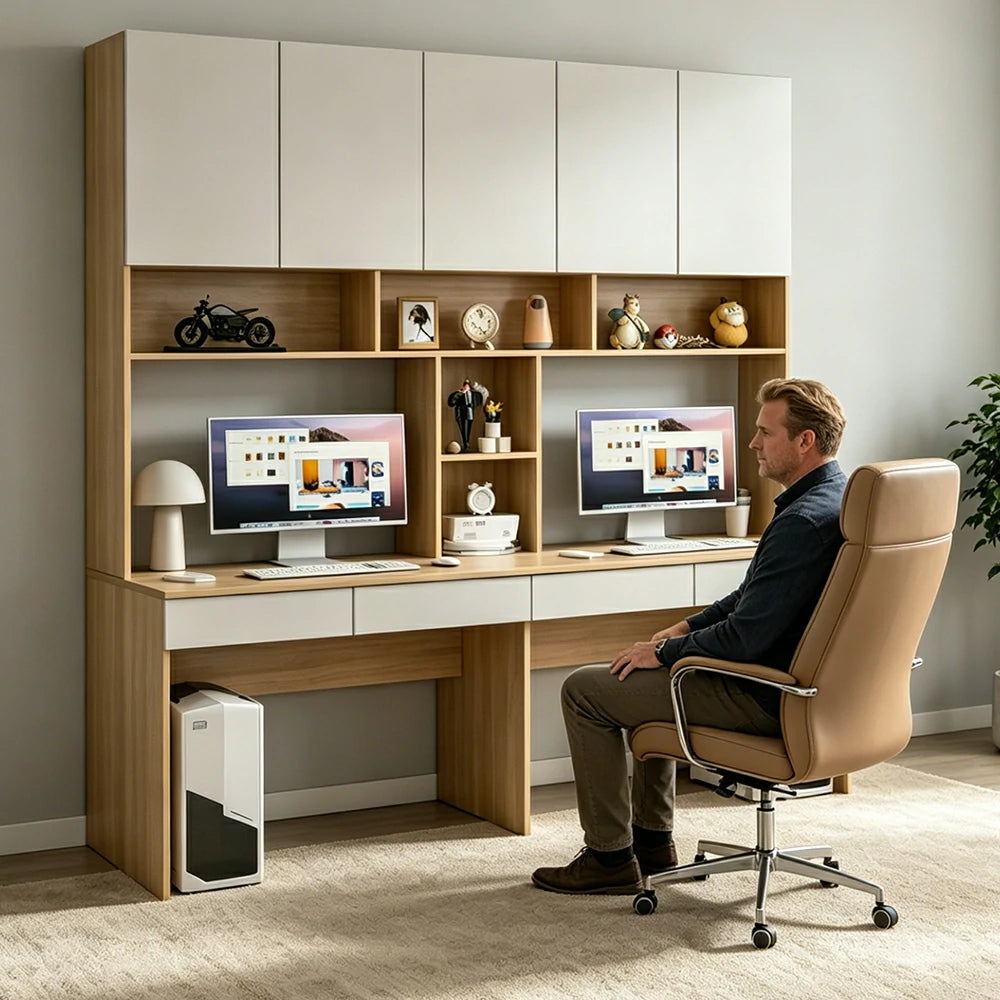 LUXORA F Style Desk with Right Bookshelf Storage Cabinet & Drawers for Home Office - Oak White