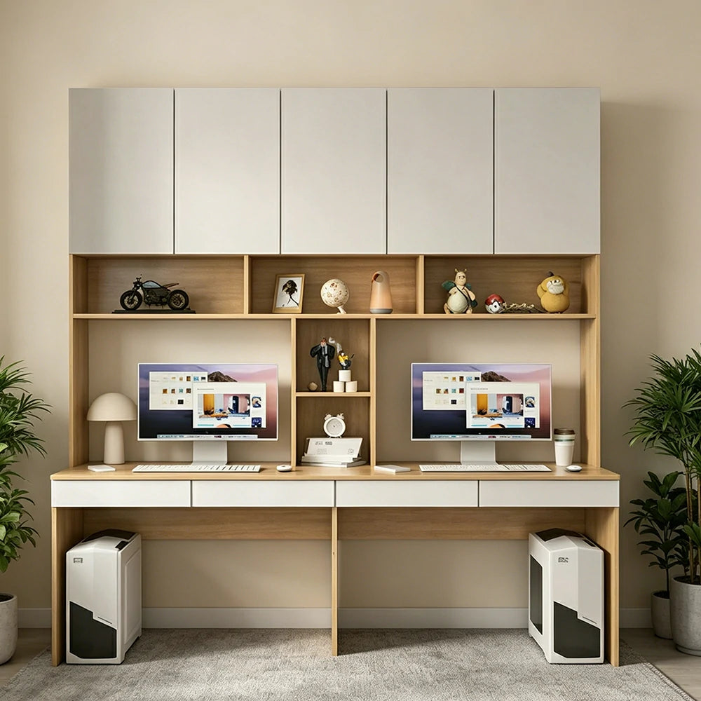 LUXORA F Style Desk with Right Bookshelf Storage Cabinet & Drawers for Home Office - Oak White