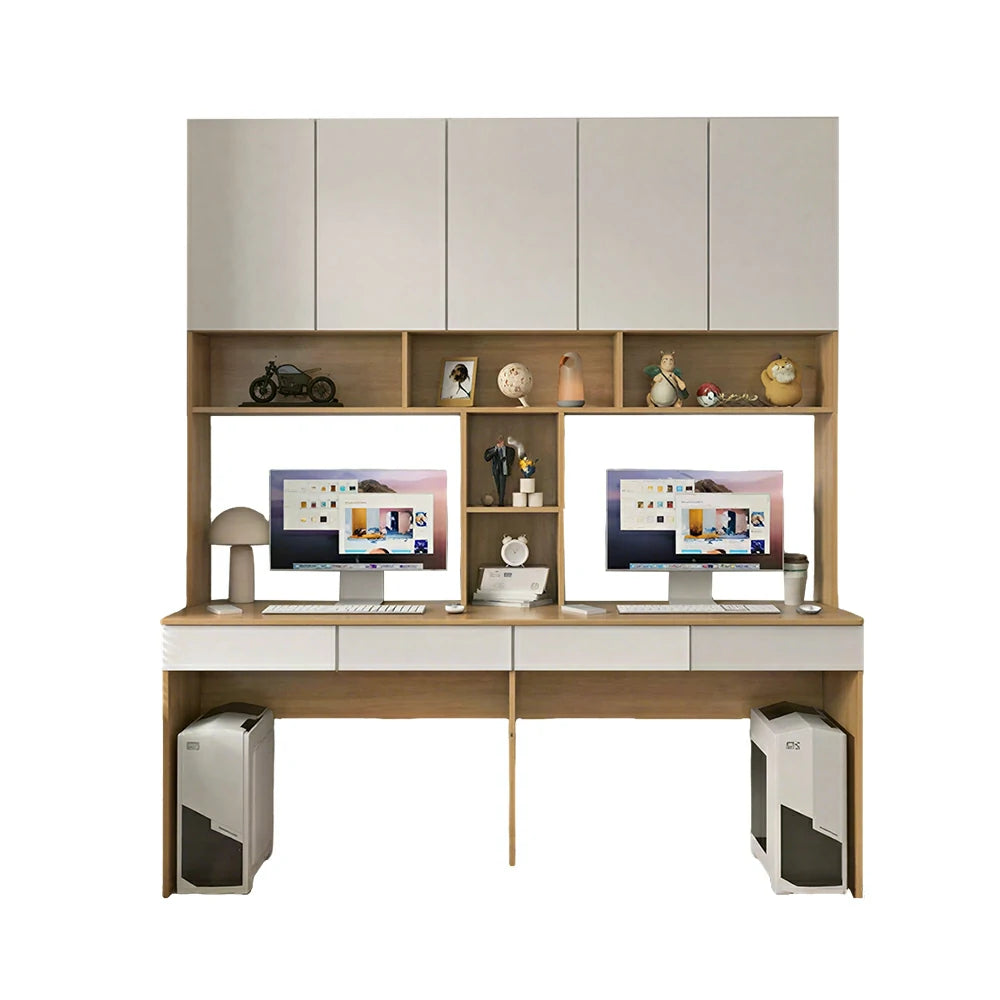 LUXORA F Style Desk with Right Bookshelf Storage Cabinet & Drawers for Home Office - Oak White