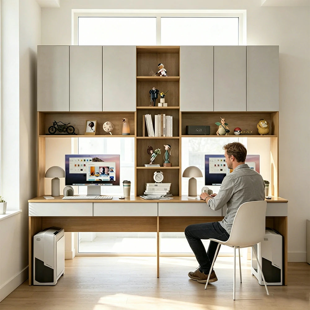 LUXORA I Style Desk with Right Bookshelf Storage Cabinet & Drawers for Home Office - Oak White
