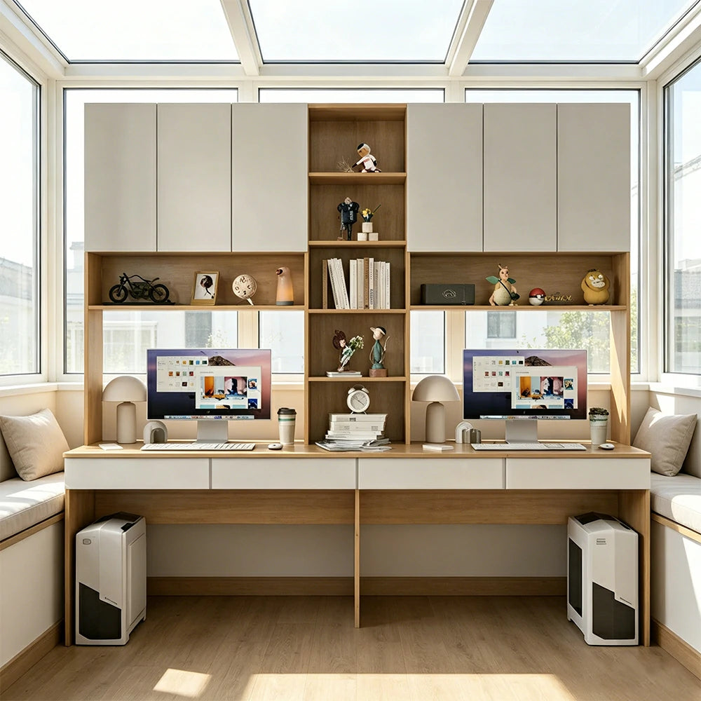 LUXORA I Style Desk with Right Bookshelf Storage Cabinet & Drawers for Home Office - Oak White