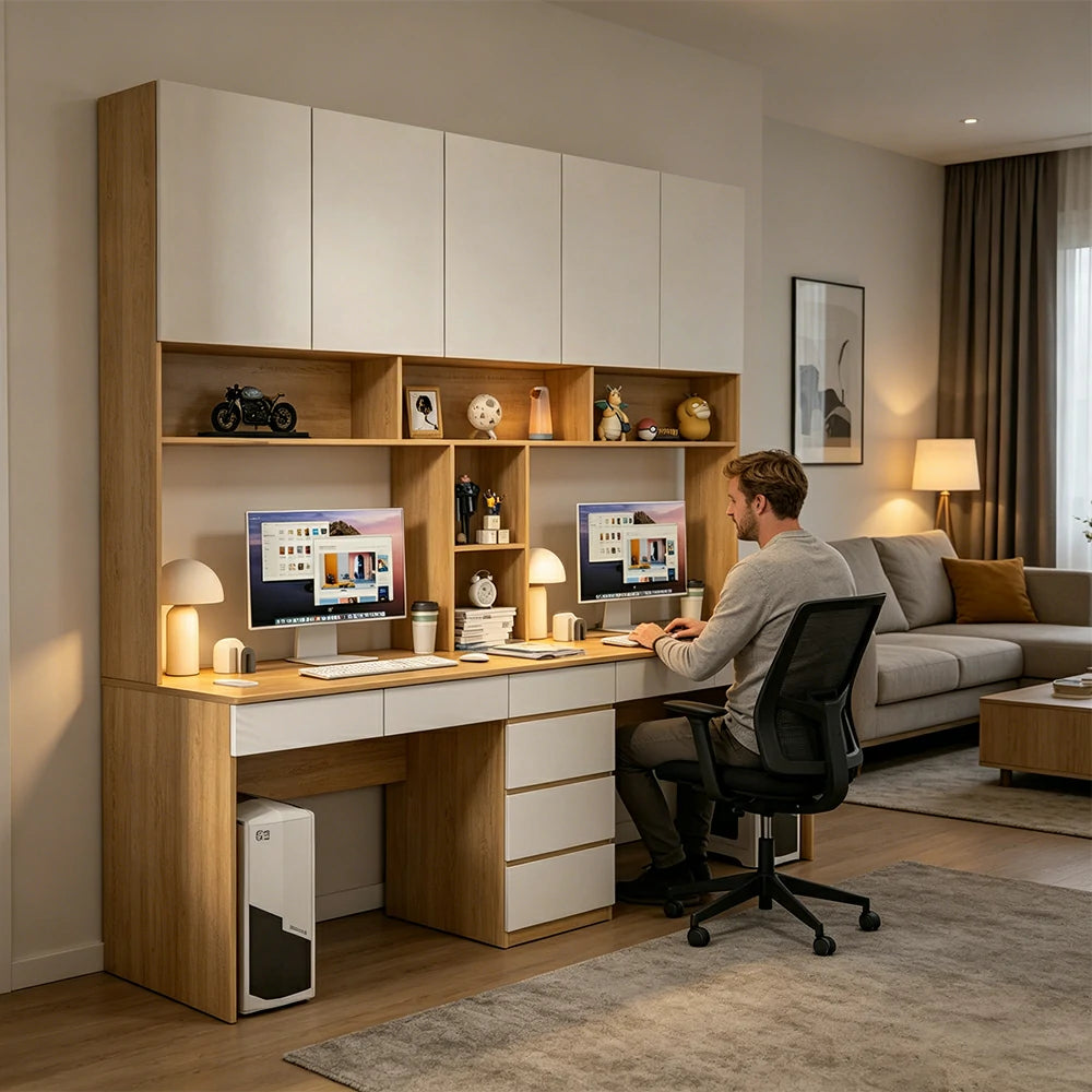 LUXORA G Style Desk with Right Bookshelf Storage Cabinet & Drawers for Home Office - Oak White