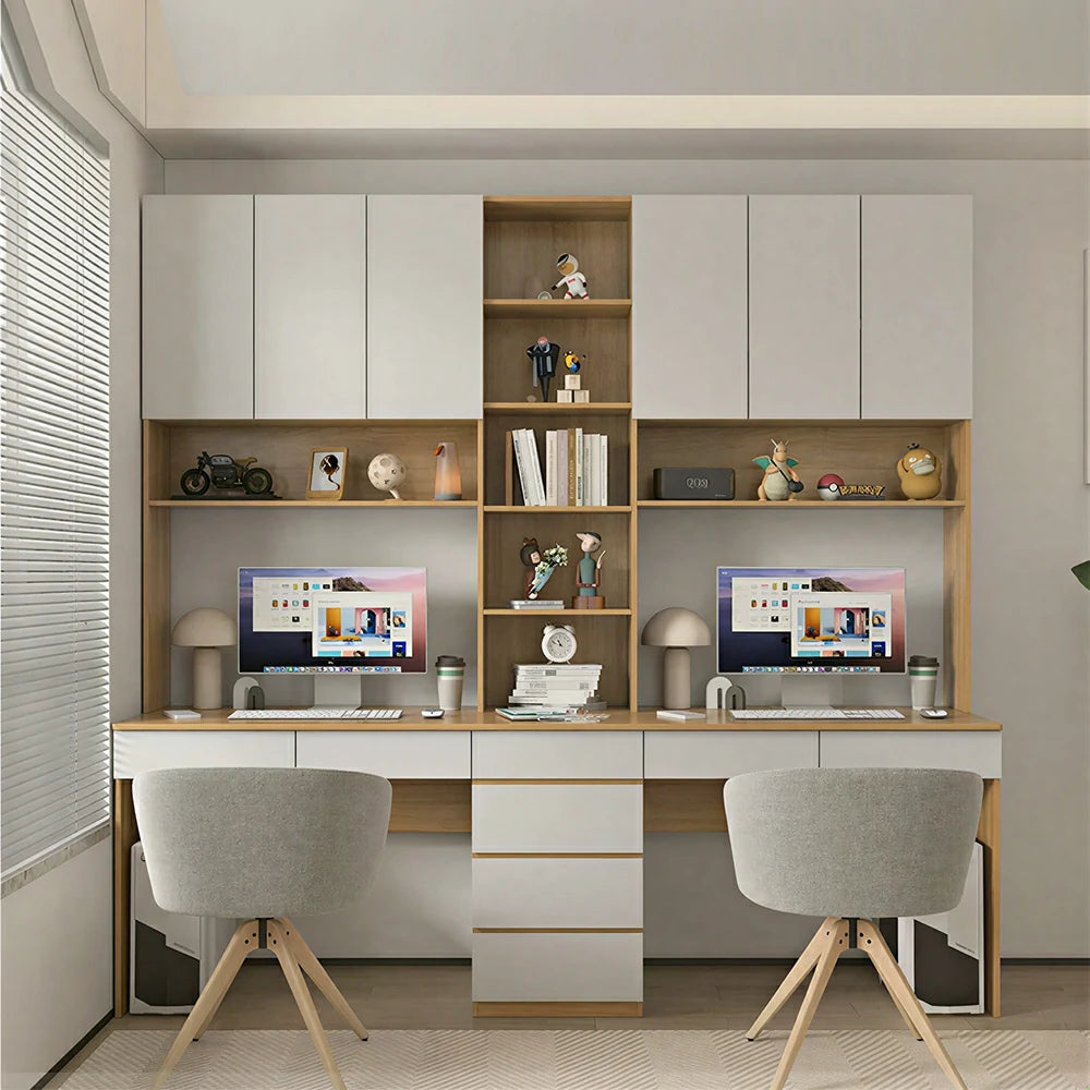 LUXORA J Style Desk with Right Bookshelf Storage Cabinet & Drawers for Home Office - Oak White
