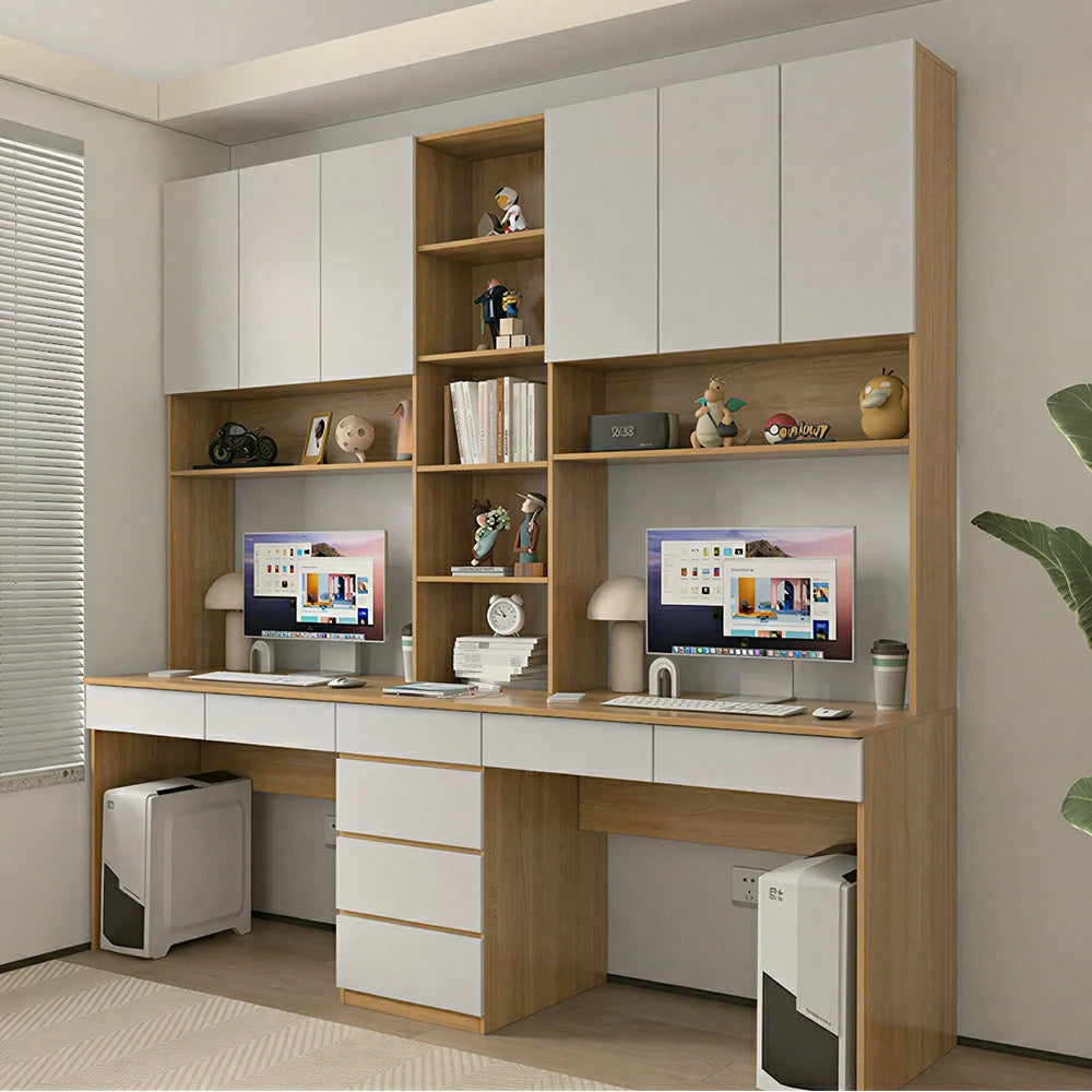 LUXORA J Style Desk with Right Bookshelf Storage Cabinet & Drawers for Home Office - Oak White