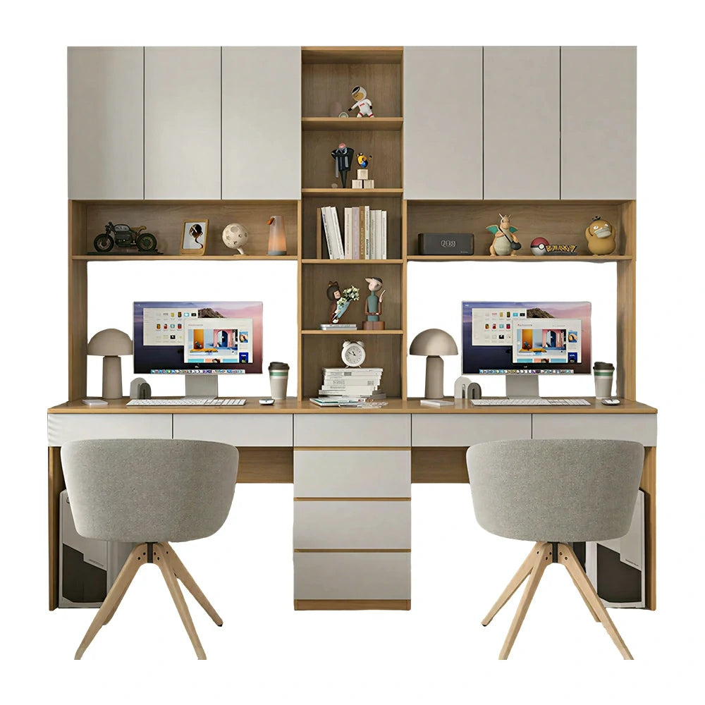 LUXORA J Style Desk with Right Bookshelf Storage Cabinet & Drawers for Home Office - Oak White