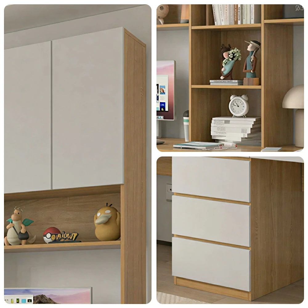 LUXORA J Style Desk with Right Bookshelf Storage Cabinet & Drawers for Home Office - Oak White