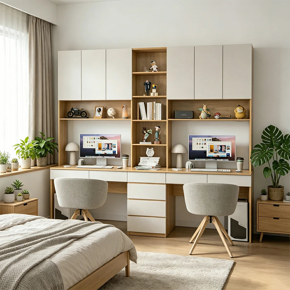 LUXORA J Style Desk with Right Bookshelf Storage Cabinet & Drawers for Home Office - Oak White
