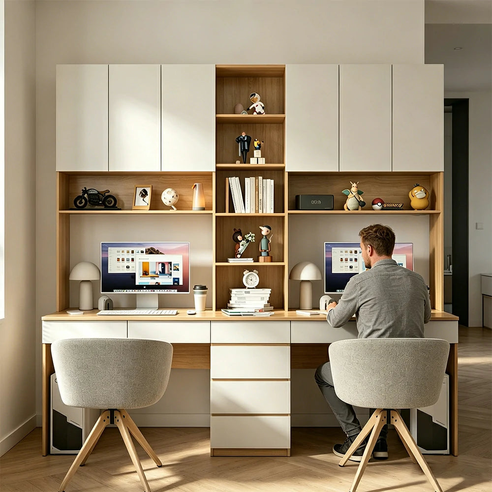 LUXORA J Style Desk with Right Bookshelf Storage Cabinet & Drawers for Home Office - Oak White