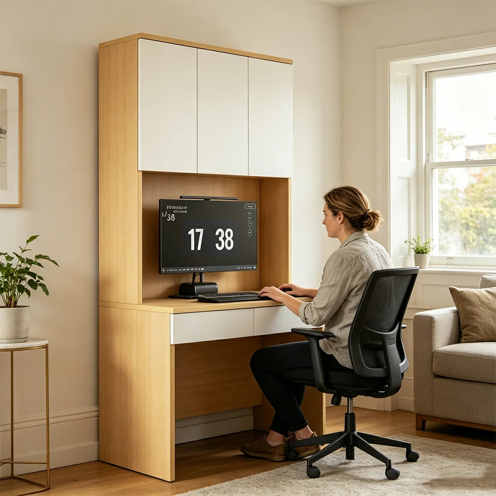 LIVARA Single Study Desk with Bookshelf Storage for Study Bedroom Home Office - Natural Wood