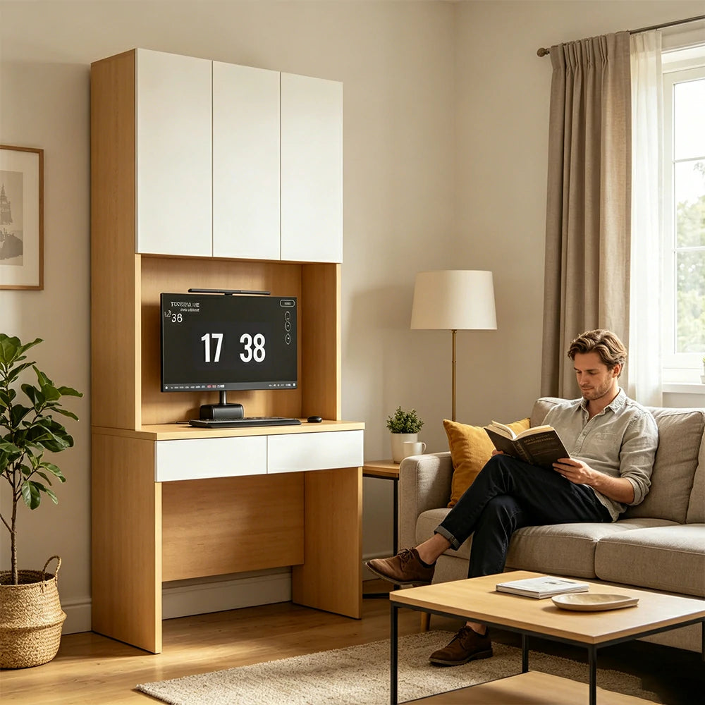 LIVARA Single Study Desk with Bookshelf Storage for Study Bedroom Home Office - Natural Wood