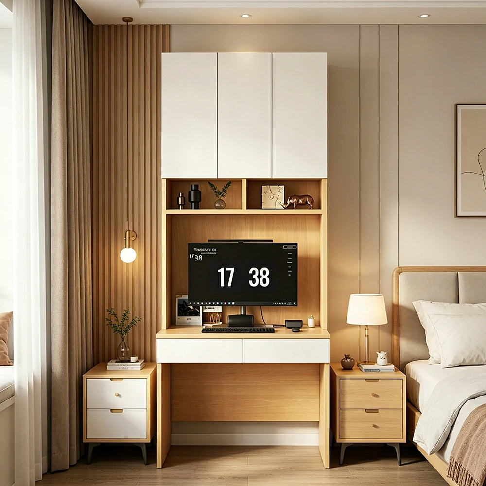 LIVARA Single Study Desk with Bookshelf Storage  for Study Bedroom Home Office - Natural Wood