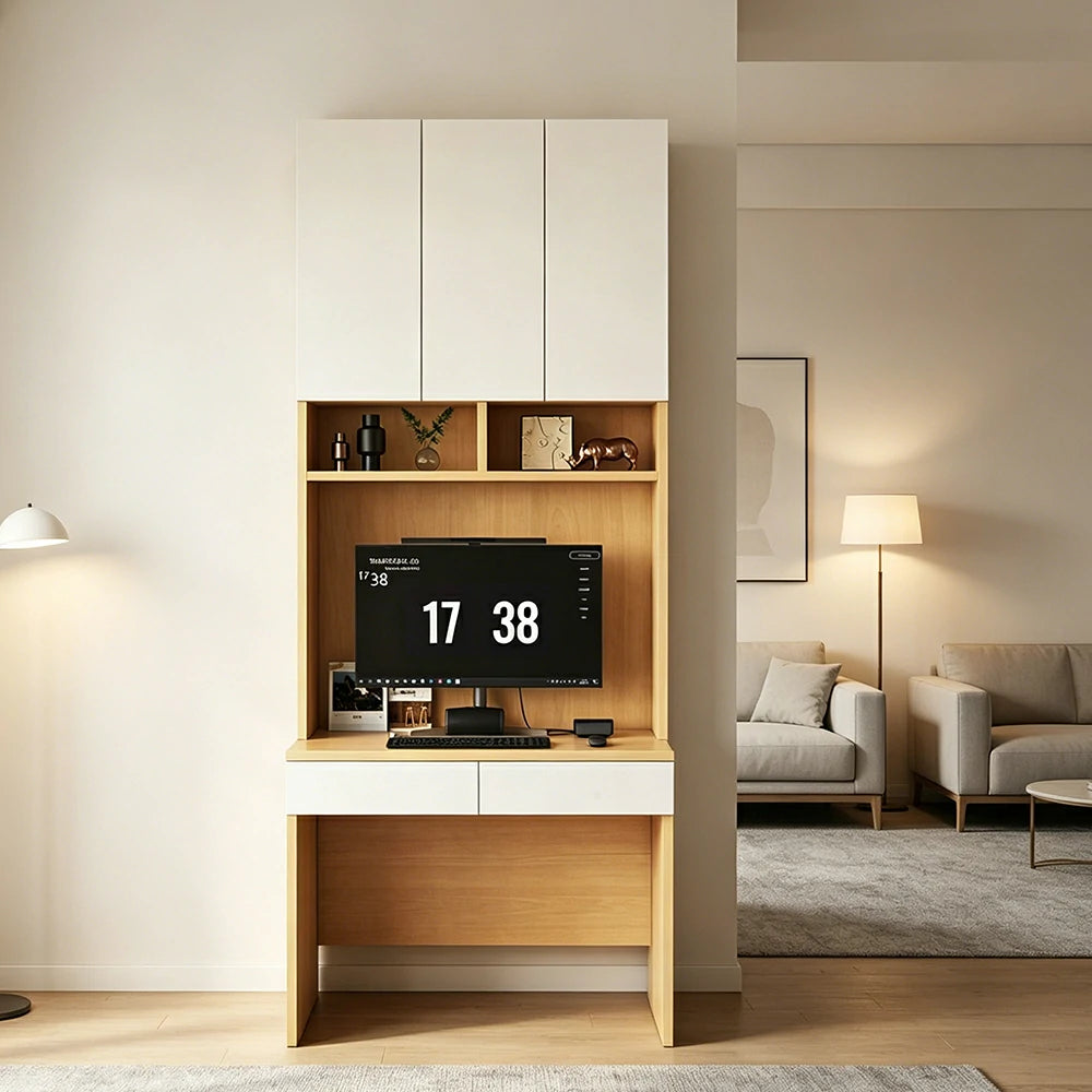 LIVARA Single Study Desk with Bookshelf Storage  for Study Bedroom Home Office - Natural Wood