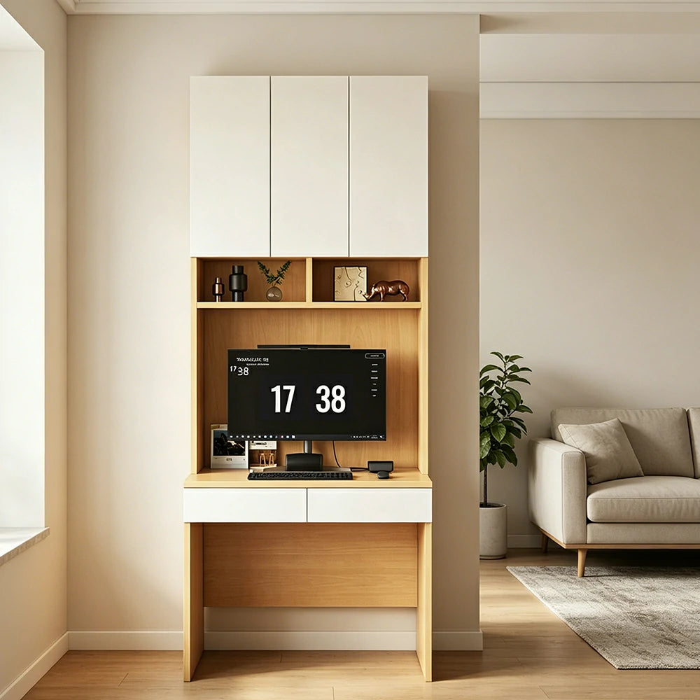 LIVARA Single Study Desk with Bookshelf Storage  for Study Bedroom Home Office - Natural Wood