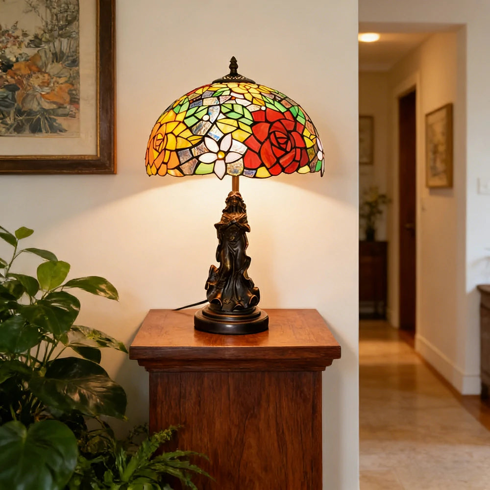 LIVARA European Vintage Vibrant Rose Stained Glass Table Lamp Sculpture Base Handcrafted Artistic Design Suitable for Bedroom Living Room Bedside