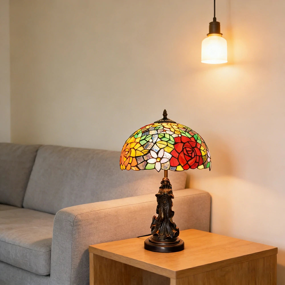 LIVARA European Vintage Vibrant Rose Stained Glass Table Lamp Sculpture Base Handcrafted Artistic Design Suitable for Bedroom Living Room Bedside