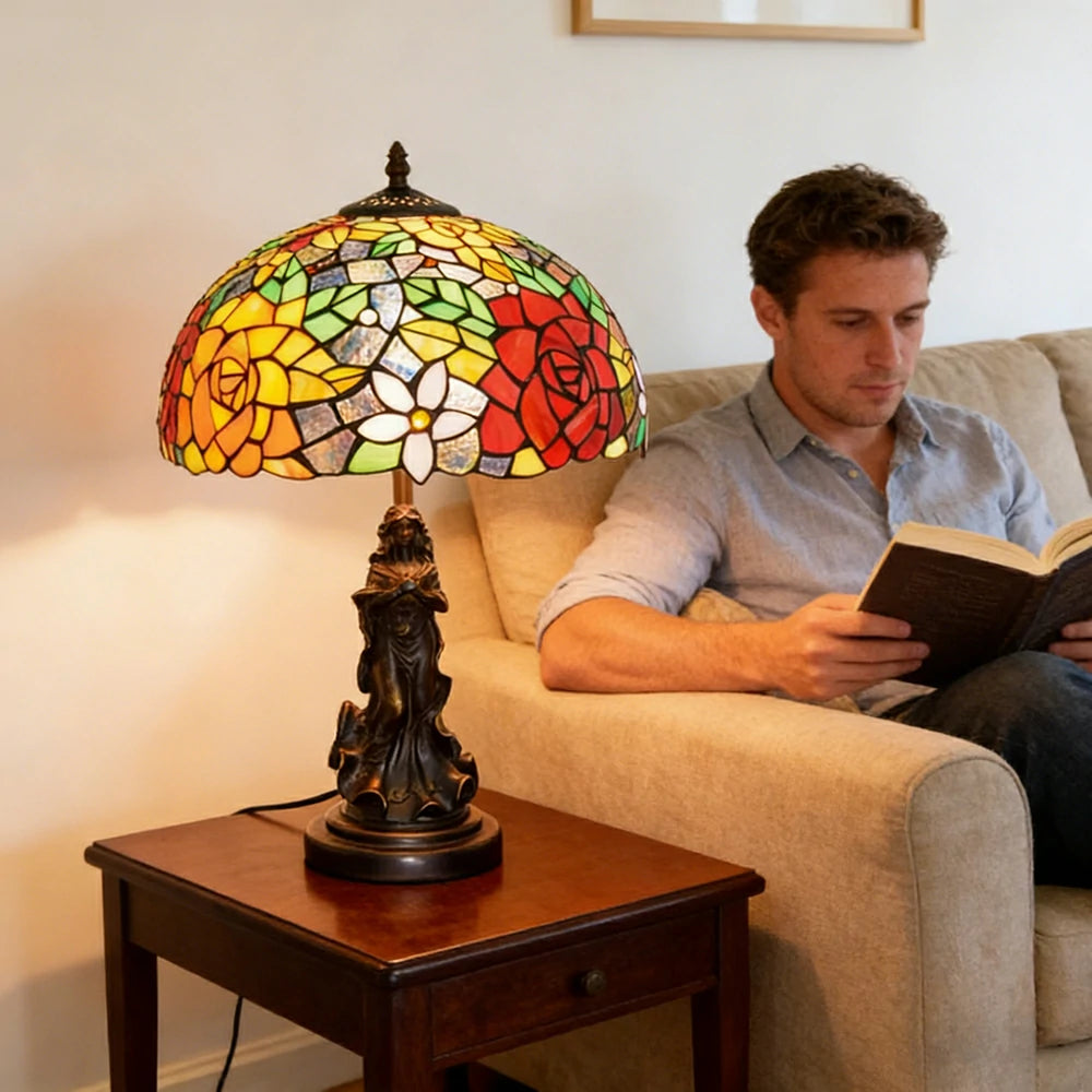 LIVARA European Vintage Vibrant Rose Stained Glass Table Lamp Sculpture Base Handcrafted Artistic Design Suitable for Bedroom Living Room Bedside