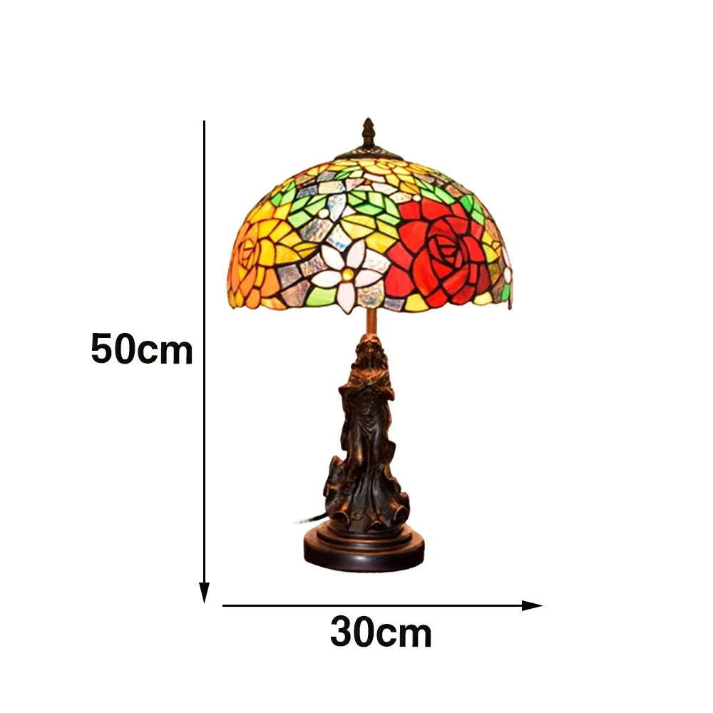 LIVARA European Vintage Vibrant Rose Stained Glass Table Lamp Sculpture Base Handcrafted Artistic Design Suitable for Bedroom Living Room Bedside
