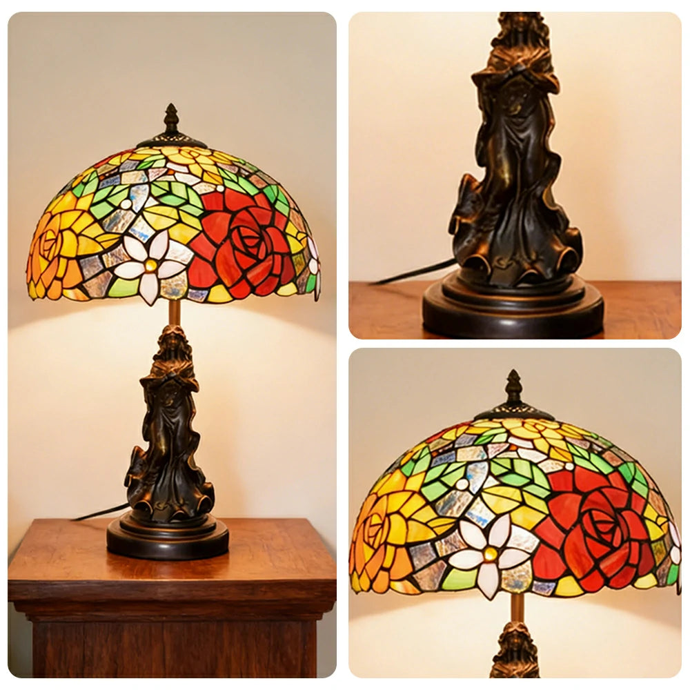 LIVARA European Vintage Vibrant Rose Stained Glass Table Lamp Sculpture Base Handcrafted Artistic Design Suitable for Bedroom Living Room Bedside