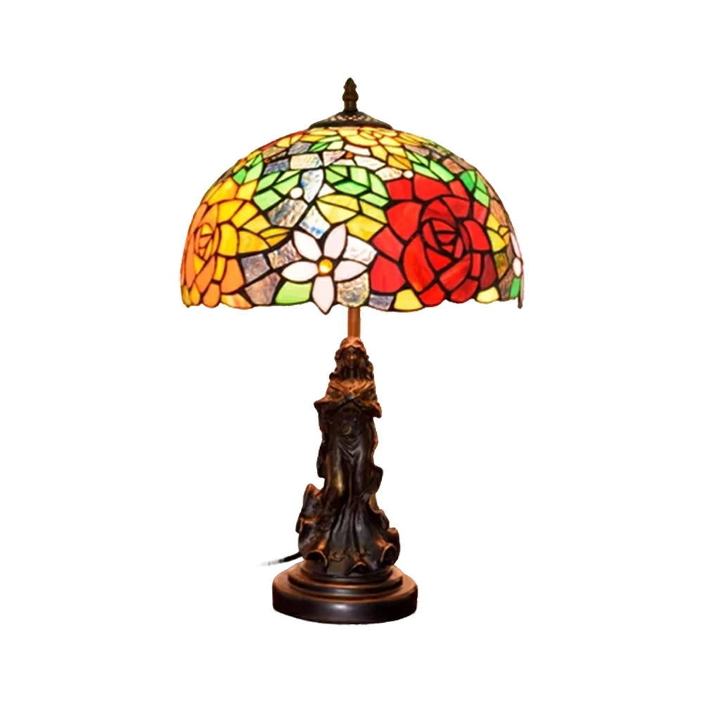 LIVARA European Vintage Vibrant Rose Stained Glass Table Lamp Sculpture Base Handcrafted Artistic Design Suitable for Bedroom Living Room Bedside