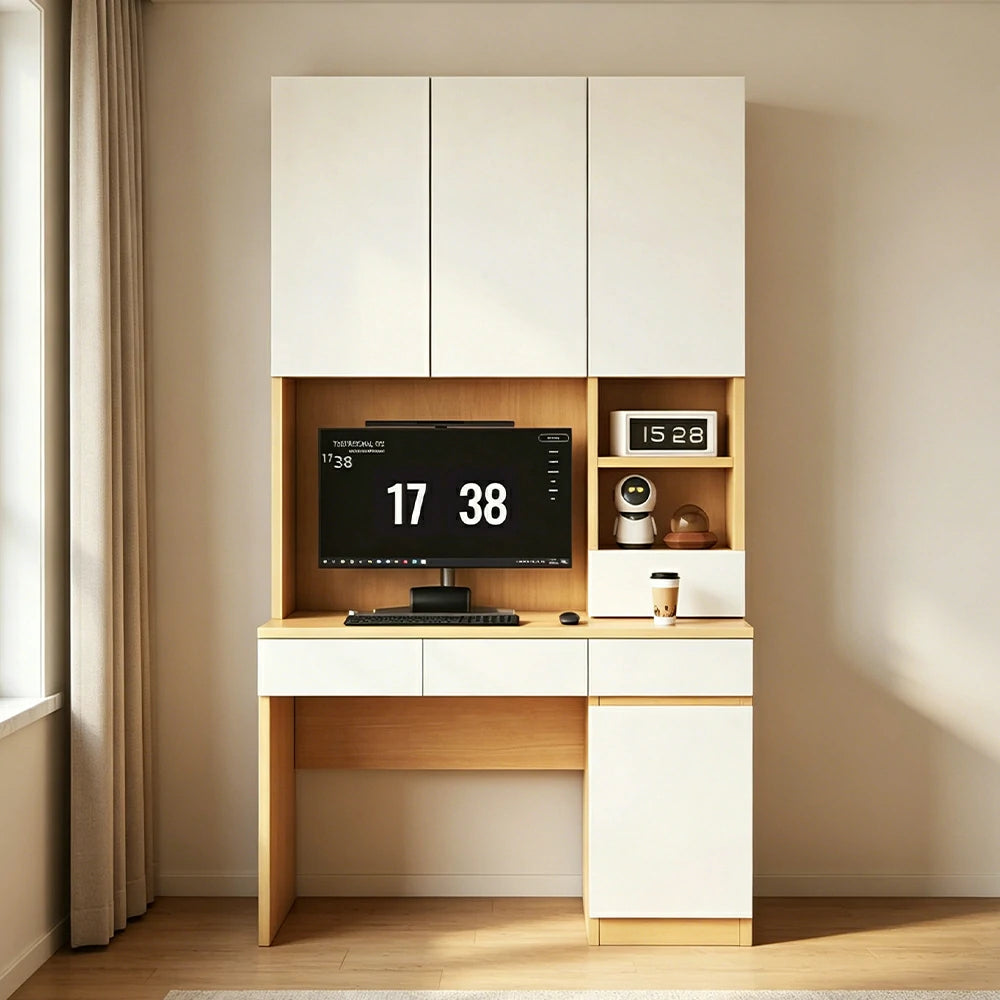 LIVARA Single Study Desk with Bookshelf Storage for Study Bedroom Home Office - Natural Wood