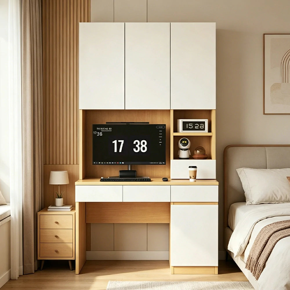 LIVARA Single Study Desk with Bookshelf Storage for Study Bedroom Home Office - Natural Wood