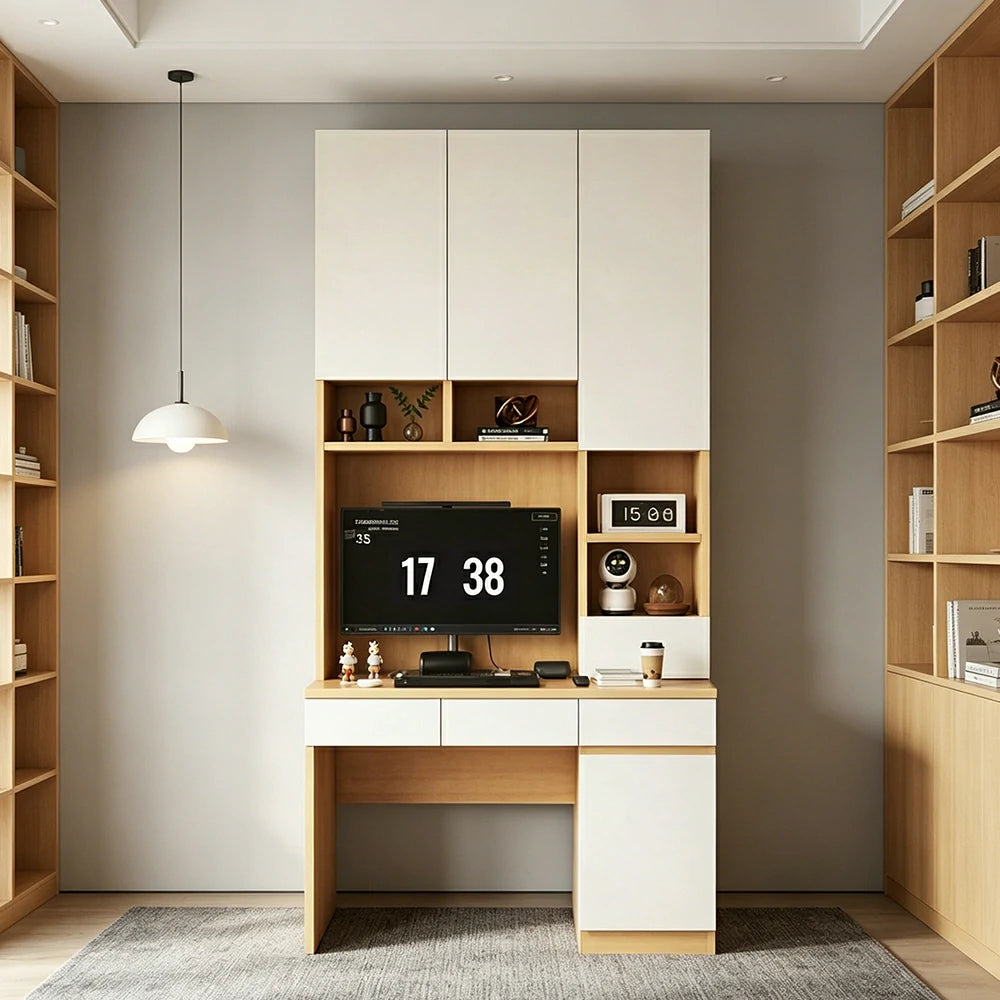 LIVARA Single Study Desk with Bookshelf Storage for Study Bedroom Home Office - Natural Wood