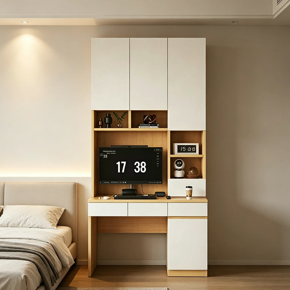 LIVARA Single Study Desk with Bookshelf Storage for Study Bedroom Home Office - Natural Wood