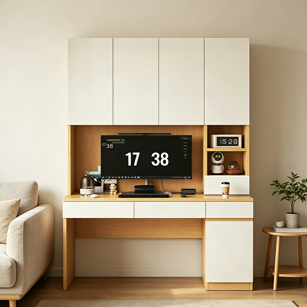 LIVARA Single Study Desk with Bookshelf Storage for Study Bedroom Home Office - Natural Wood