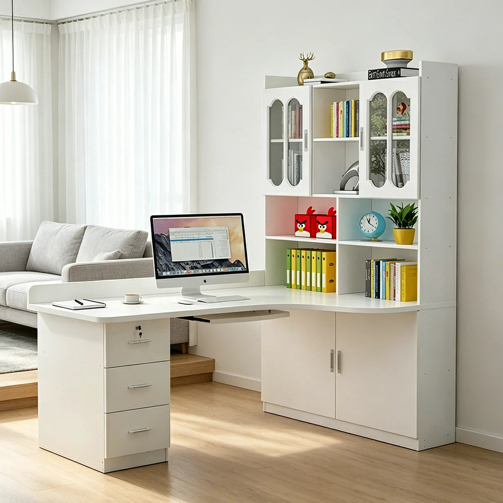 LIVARA White Bookcase with Upper and Lower Doors Large Storage Display Cabinet for Living Room Bedroom Study - White