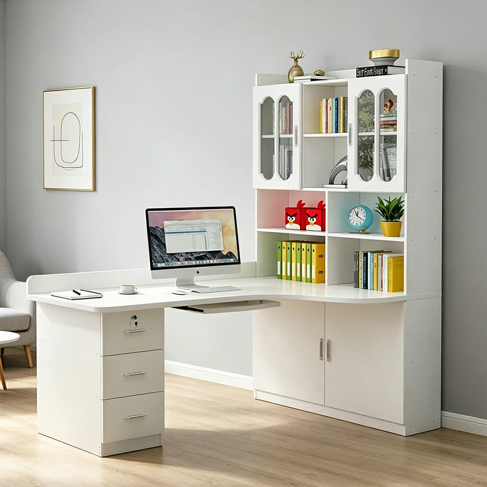 LIVARA White Bookcase with Upper and Lower Doors Large Storage Display Cabinet for Living Room Bedroom Study - White
