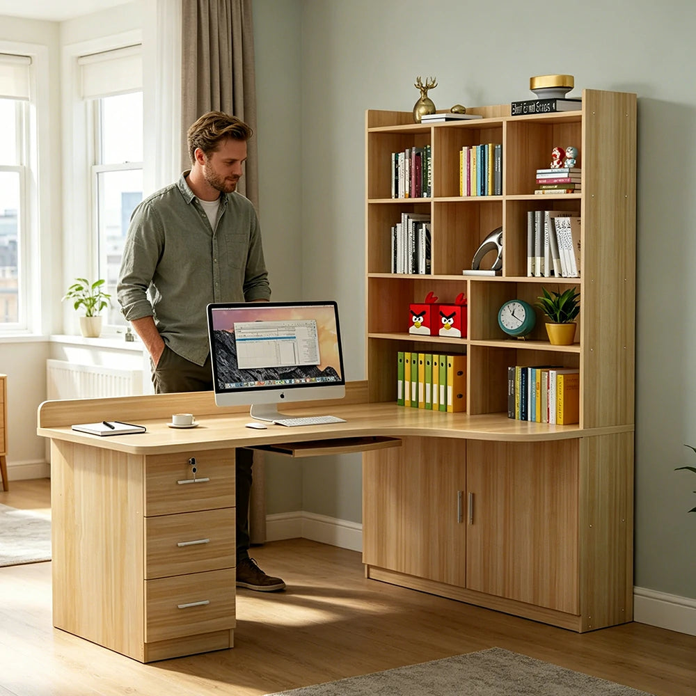 LIVARA Light Walnut Bookcase with Lower Doors Large Storage Display Cabinet for Living Room Bedroom Study - Light Walnut