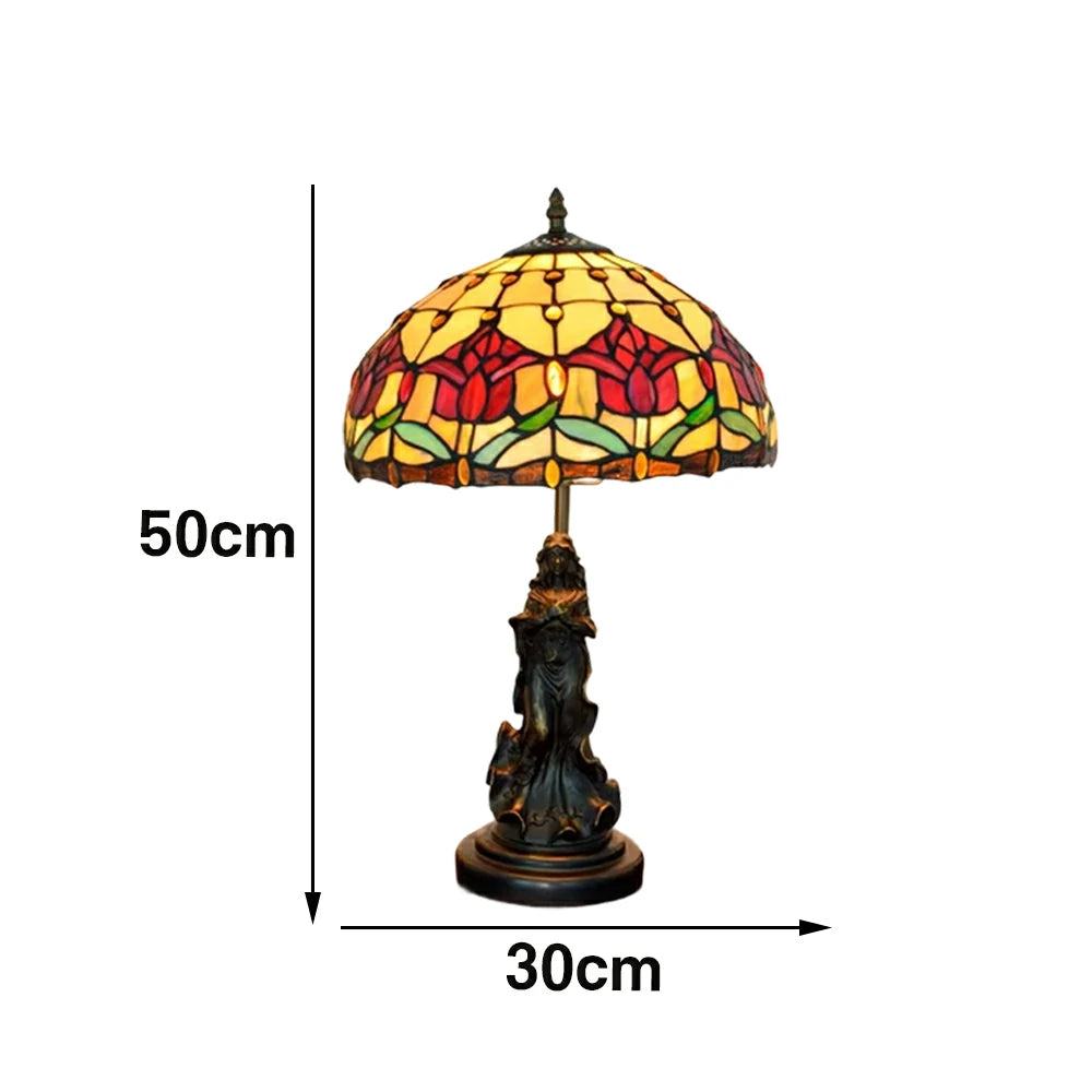 LIVARA European Vintage Red Tulip Stained Glass Table Lamp Sculpture Base Handcrafted Artistic Design Suitable for Bedroom Living Room Bedside