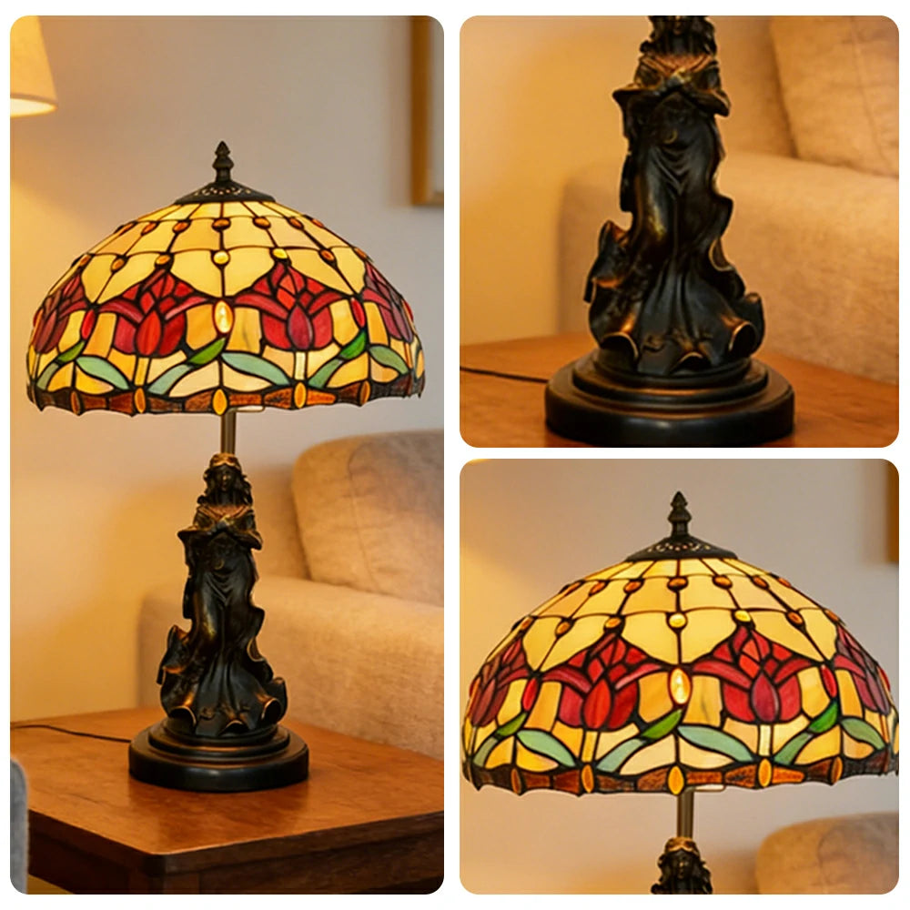 LIVARA European Vintage Red Tulip Stained Glass Table Lamp Sculpture Base Handcrafted Artistic Design Suitable for Bedroom Living Room Bedside