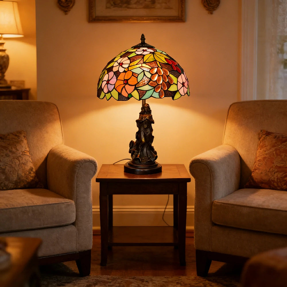 LIVARA European Vintage Grape Floral Stained Glass Table Lamp Sculpture Base Handcrafted Artistic Design Suitable for Bedroom Living Room Bedside