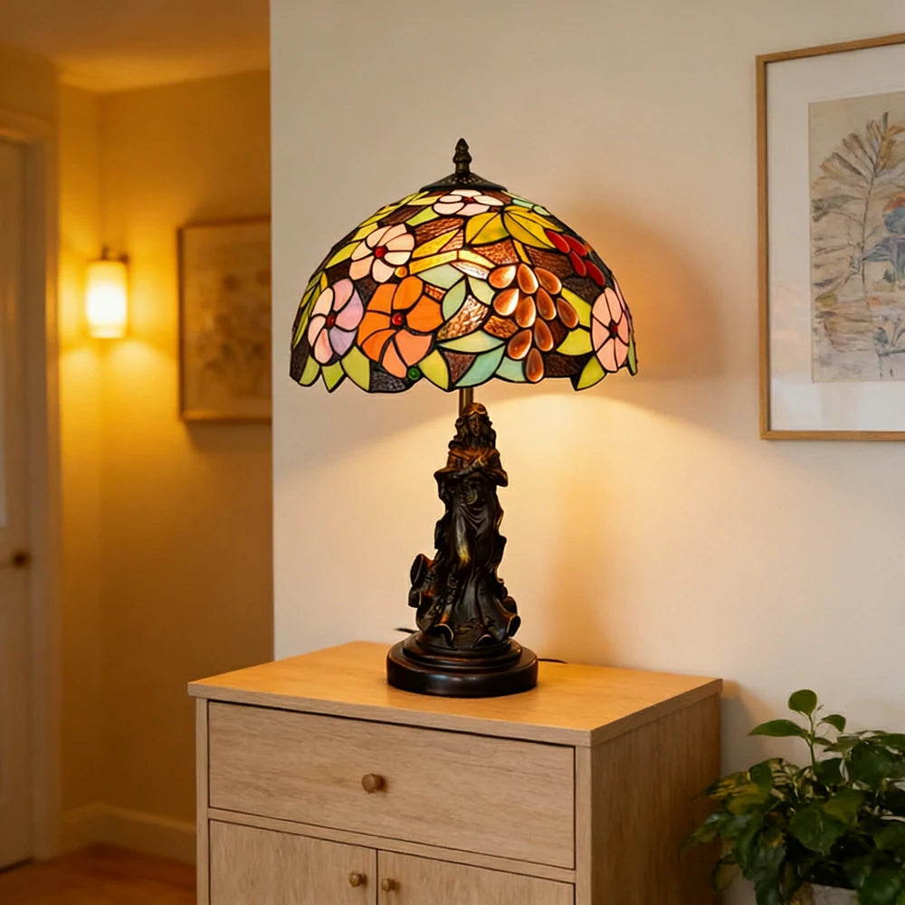 LIVARA European Vintage Grape Floral Stained Glass Table Lamp Sculpture Base Handcrafted Artistic Design Suitable for Bedroom Living Room Bedside