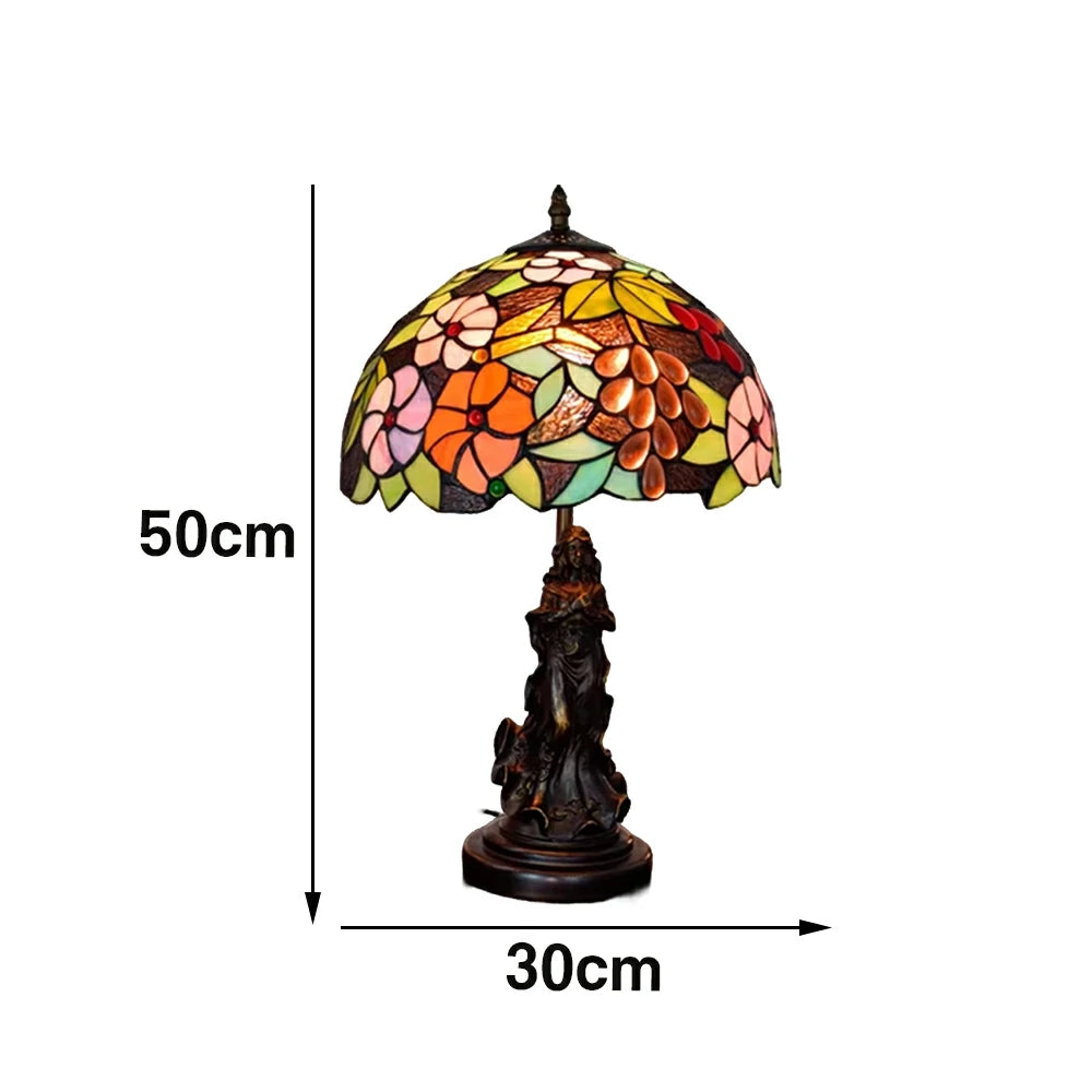 LIVARA European Vintage Grape Floral Stained Glass Table Lamp Sculpture Base Handcrafted Artistic Design Suitable for Bedroom Living Room Bedside